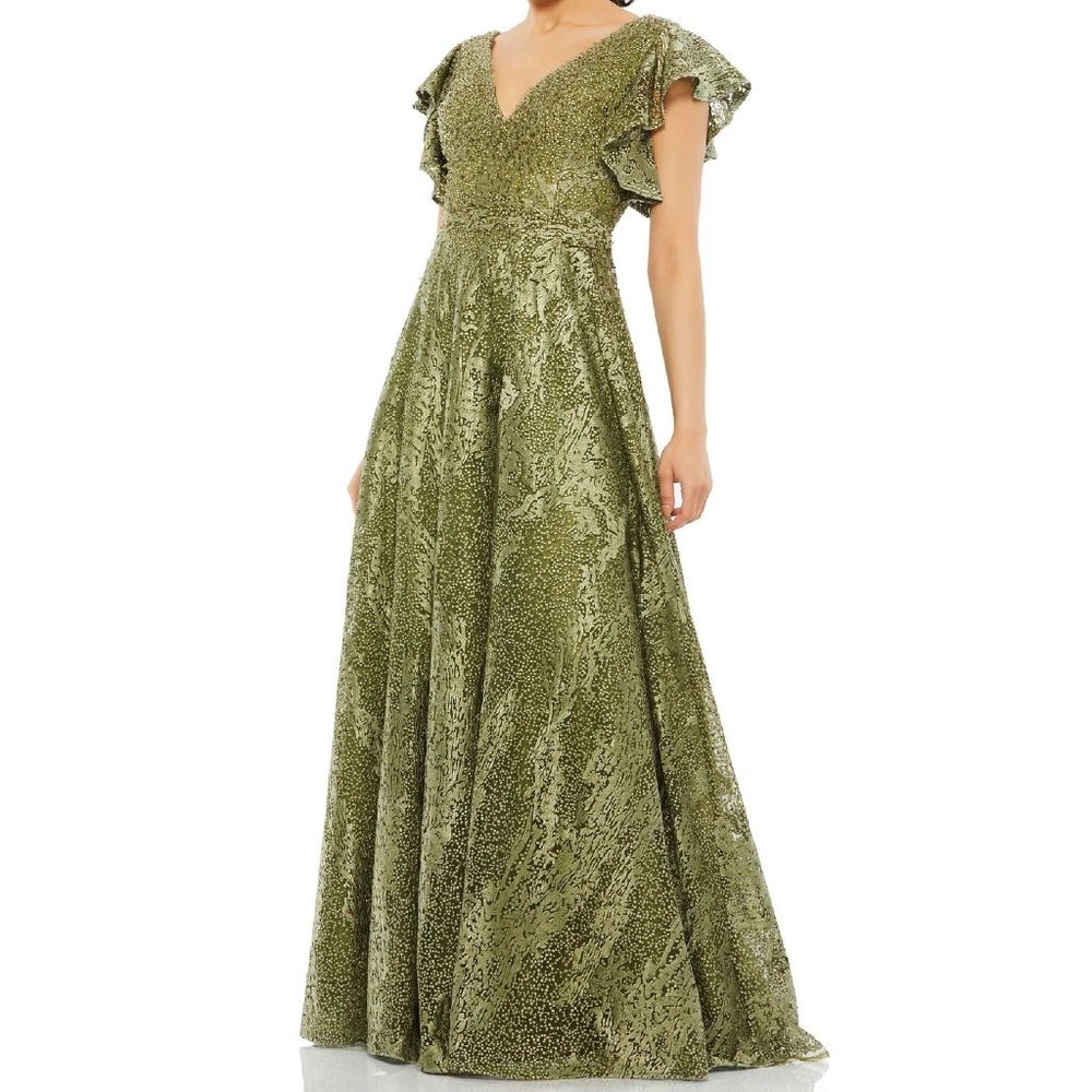 Olive Green V-Neck Evening Gown